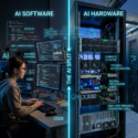 Developer coding AI software on multiple monitors beside a server rack with AI hardware components