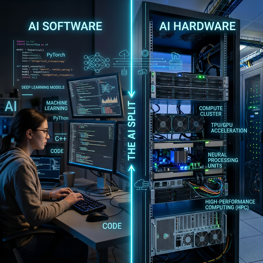 Developer coding AI software on multiple monitors beside a server rack with AI hardware components