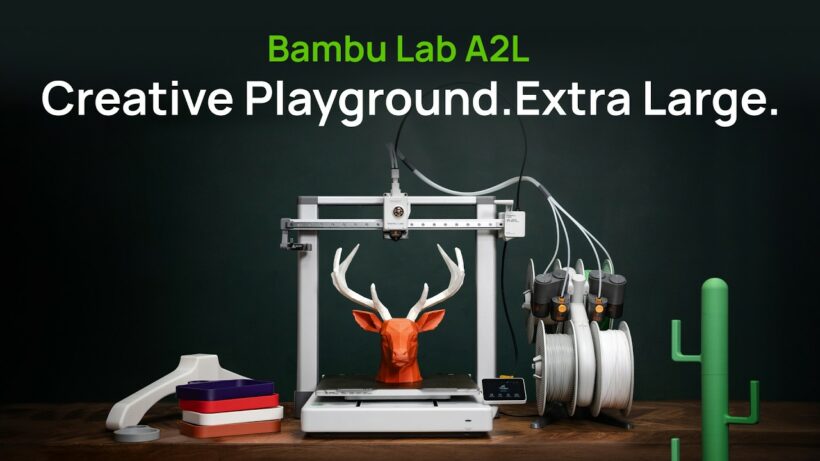 Bambu Lab A2L large-format 3D printer in white, showing the open-frame bed slinger design with the build platform and toolhead assembly