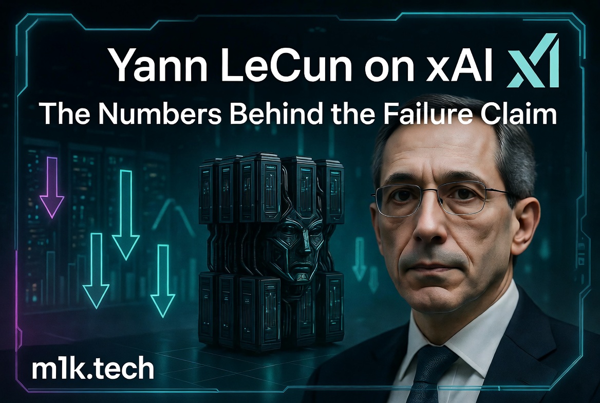 Yann LeCun on xAI: The Numbers Behind the Failure Claim — article thumbnail from m1k.tech featuring a man in a suit and downward arrows