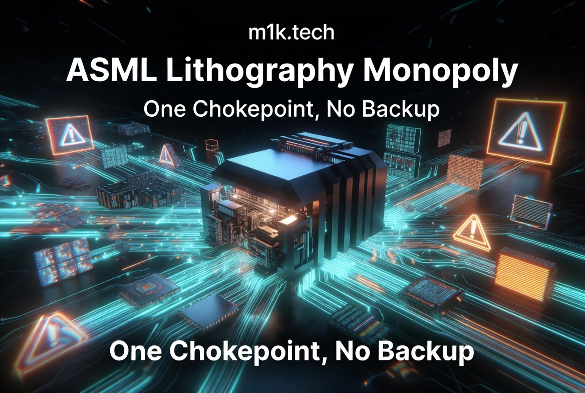 ASML Lithography Monopoly: One Chokepoint, No Backup — m1k.tech article cover with a 3D chip surrounded by warning icons
