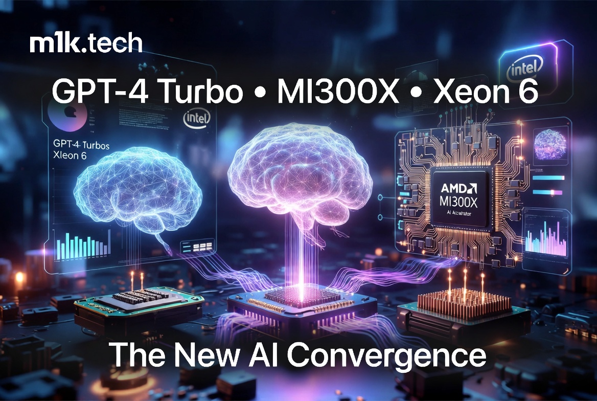 m1k.tech article graphic: GPT-4 Turbo, MI300X, and Xeon 6 — The New AI Convergence, featuring glowing AI brain visuals over AMD and Intel chips