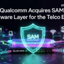 Qualcomm Acquires SAM Software Layer for the Telco Edge — illustrated with a glowing SAM Seamless Network shield above a Qualcomm router