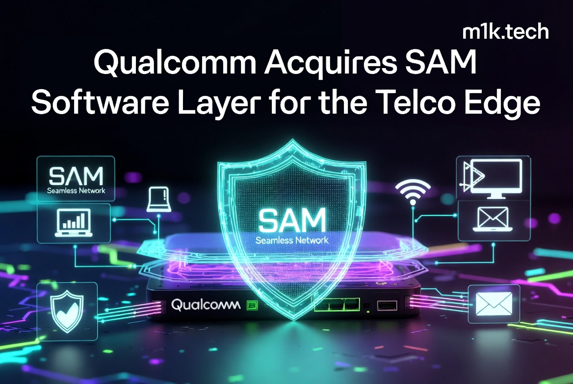Qualcomm Acquires SAM Software Layer for the Telco Edge — illustrated with a glowing SAM Seamless Network shield above a Qualcomm router