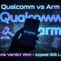 Qualcomm vs Arm: Nuvia Verdict Won, Appeal Still Live — hand holding phone with Nuvia logo, legal scales and gavel in background