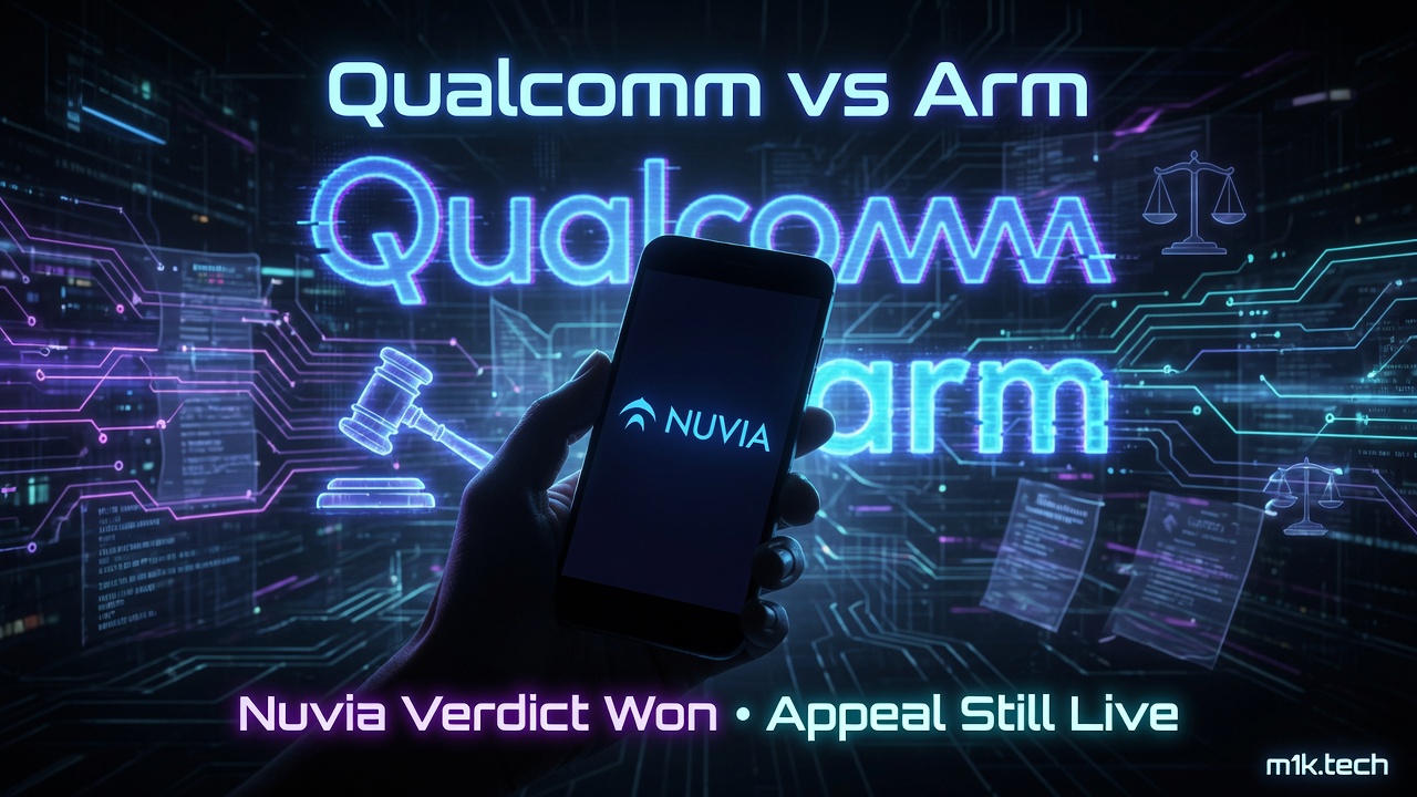 Qualcomm vs Arm: Nuvia Verdict Won, Appeal Still Live — hand holding phone with Nuvia logo, legal scales and gavel in background