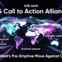 m1k.tech 6G Call to Action Alliance — The West's Pre-Emptive Move Against China, featuring a digital world map highlighting China, Shanghai spectrum, AI driven network, and spectrum locked