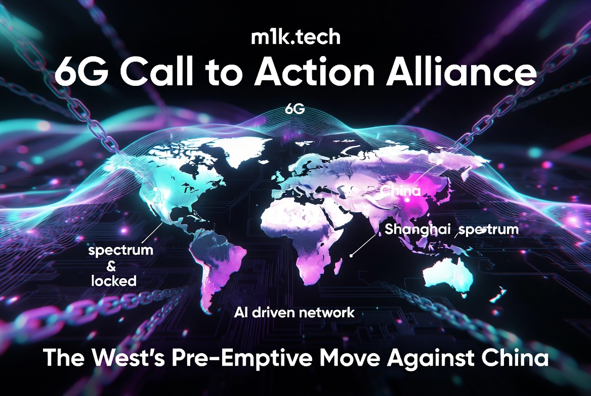 m1k.tech 6G Call to Action Alliance — The West's Pre-Emptive Move Against China, featuring a digital world map highlighting China, Shanghai spectrum, AI driven network, and spectrum locked