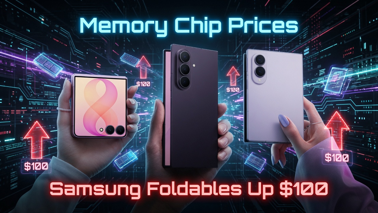 Memory Chip Prices: Samsung Foldables Up $100, shown with three foldable phones and upward arrows indicating price increases