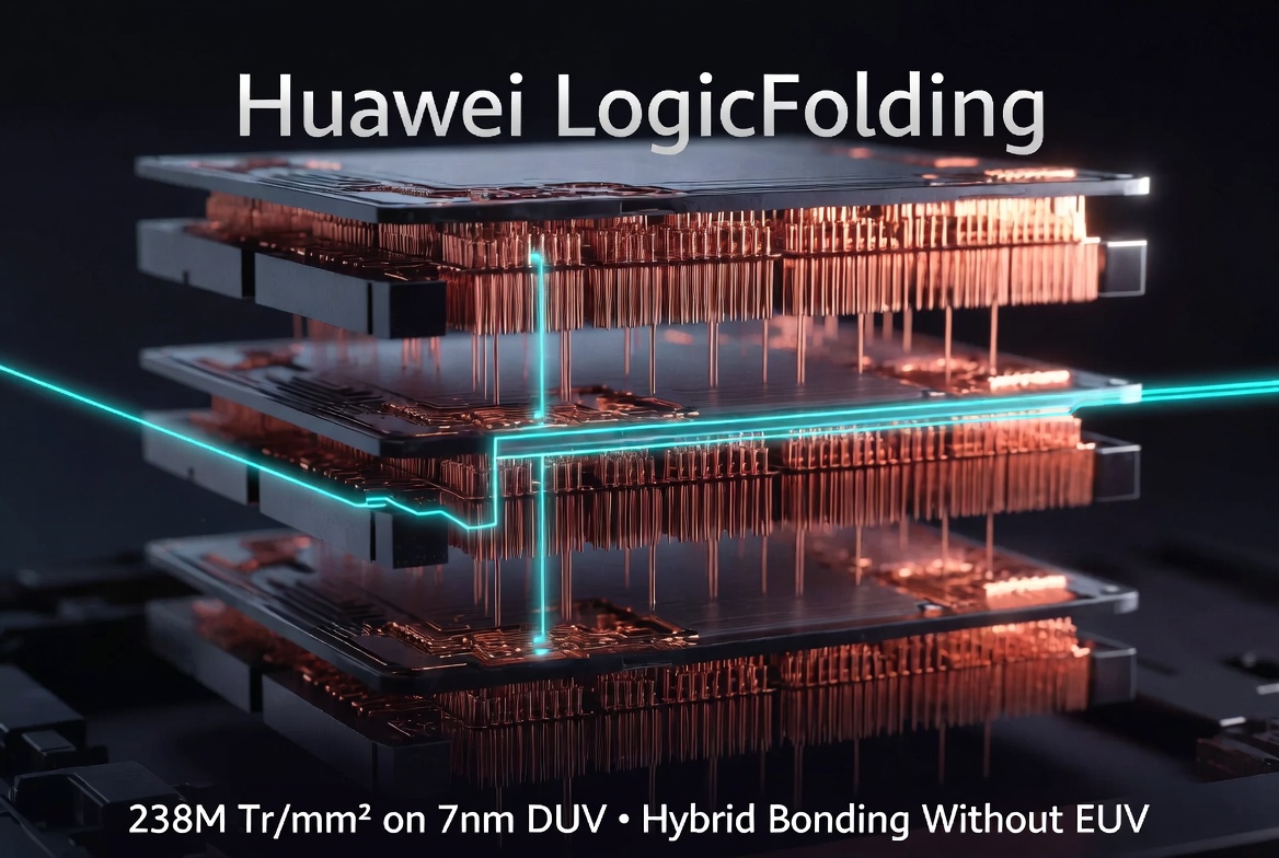 Huawei LogicFolding: stacked chip layers with hybrid bonding, achieving 238M Tr/mm² on 7nm DUV without EUV