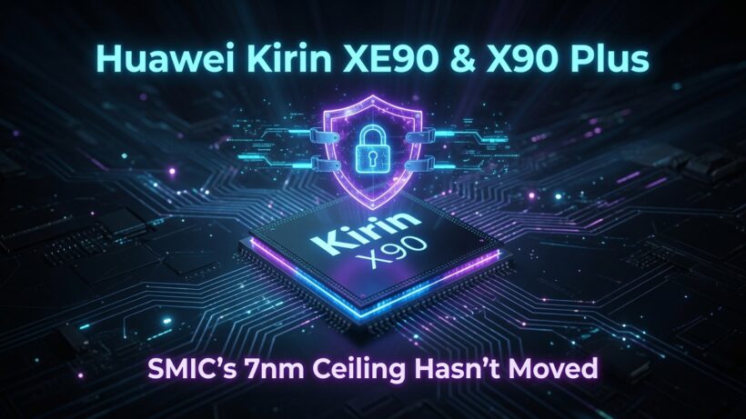Huawei Kirin XE90 & X90 Plus — Kirin X90 chip with a glowing security shield icon; text reads SMIC's 7nm Ceiling Hasn't Moved