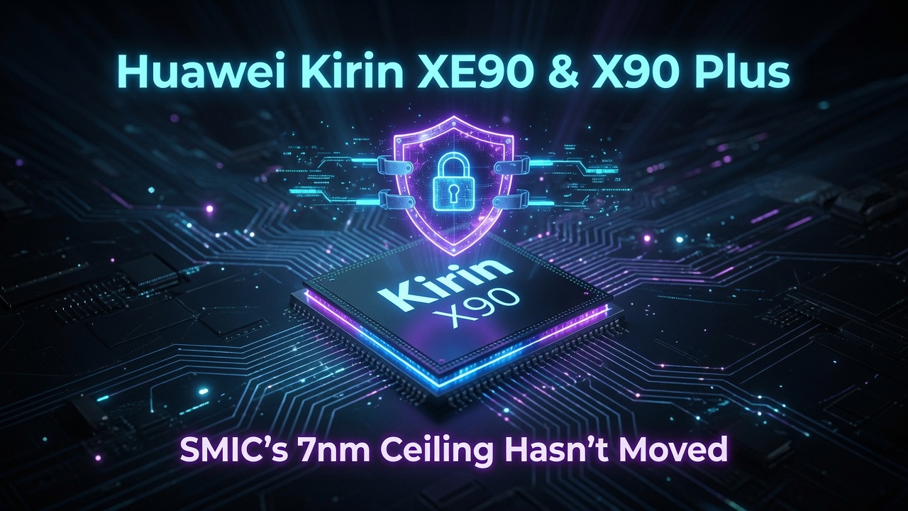 Huawei Kirin XE90 & X90 Plus — Kirin X90 chip with a glowing security shield icon; text reads SMIC's 7nm Ceiling Hasn't Moved