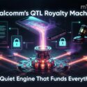 Qualcomm's QTL Royalty Machine: The Quiet Engine That Funds Everything — infographic showing a smartphone connected to patents, locks, and a gavel via glowing energy beams