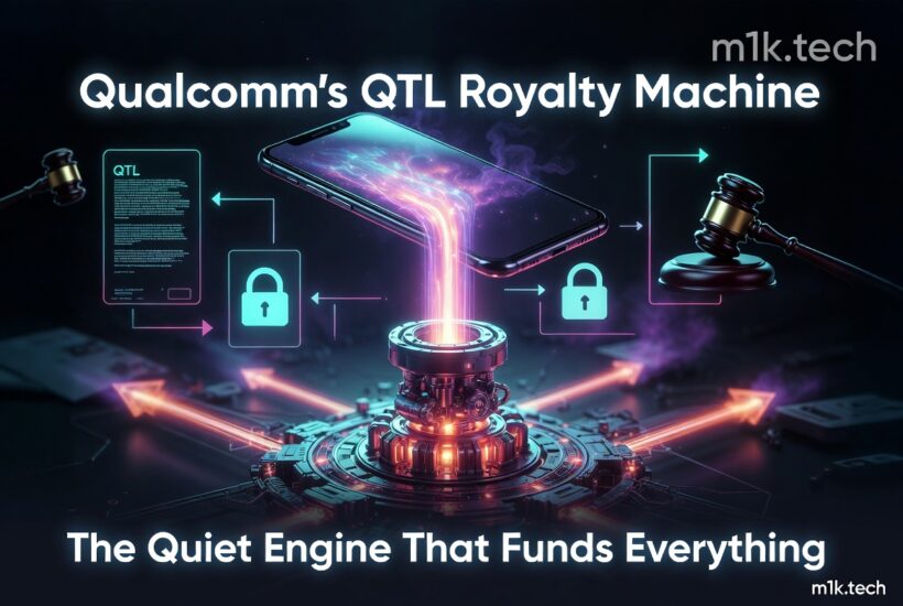 Qualcomm's QTL Royalty Machine: The Quiet Engine That Funds Everything — infographic showing a smartphone connected to patents, locks, and a gavel via glowing energy beams