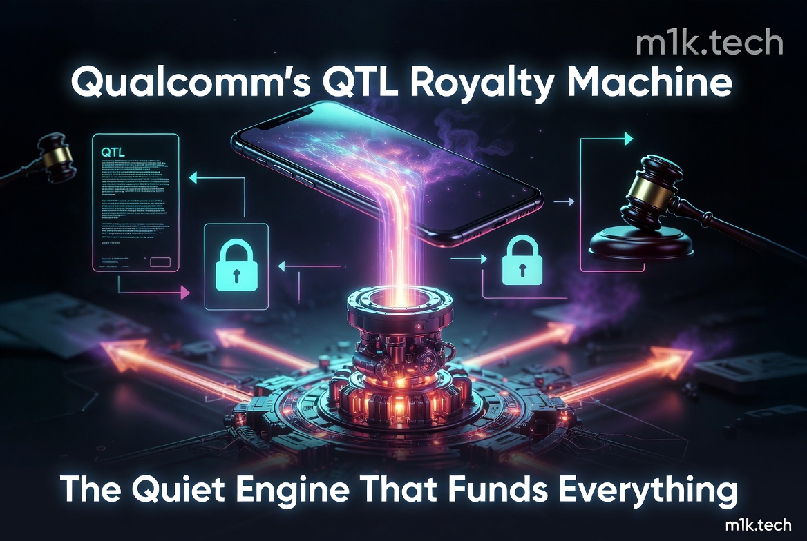 Qualcomm's QTL Royalty Machine: The Quiet Engine That Funds Everything — infographic showing a smartphone connected to patents, locks, and a gavel via glowing energy beams
