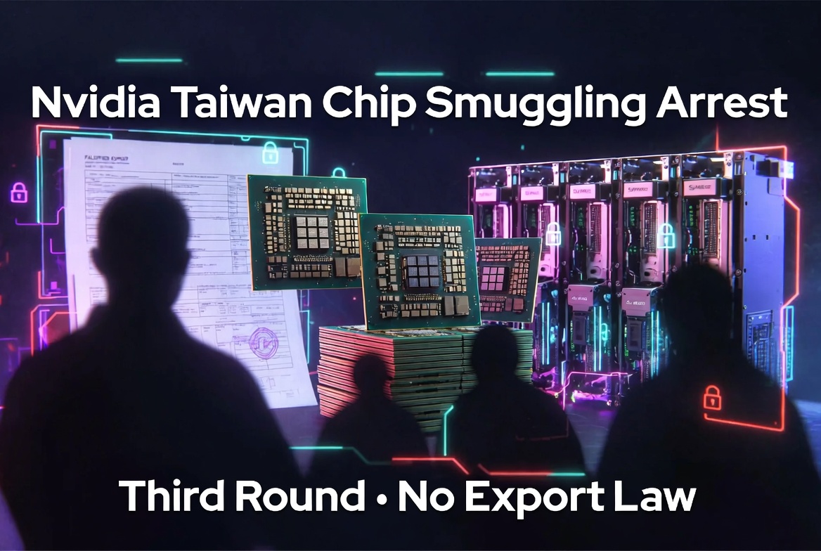 Nvidia Taiwan Chip Smuggling Arrest — Third Round, No Export Law, with silhouettes, falsified export documents, and GPU chips