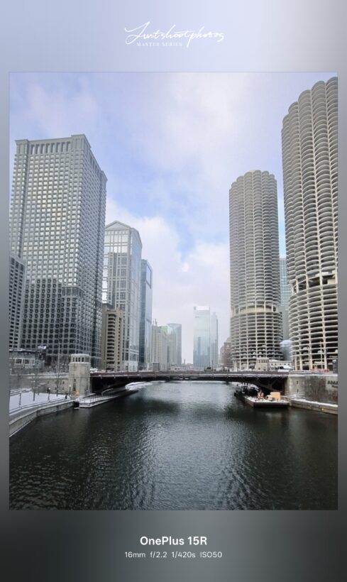 Chicago River and Marina City towers shot on the OnePlus 15R ultrawide camera at 16mm f/2.2, showing winter cityscape detail and dynamic range
