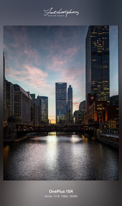Chicago River at dusk shot on OnePlus 15R main camera, 24mm f/1.8 1/80s ISO80, showing dynamic range and color in low light