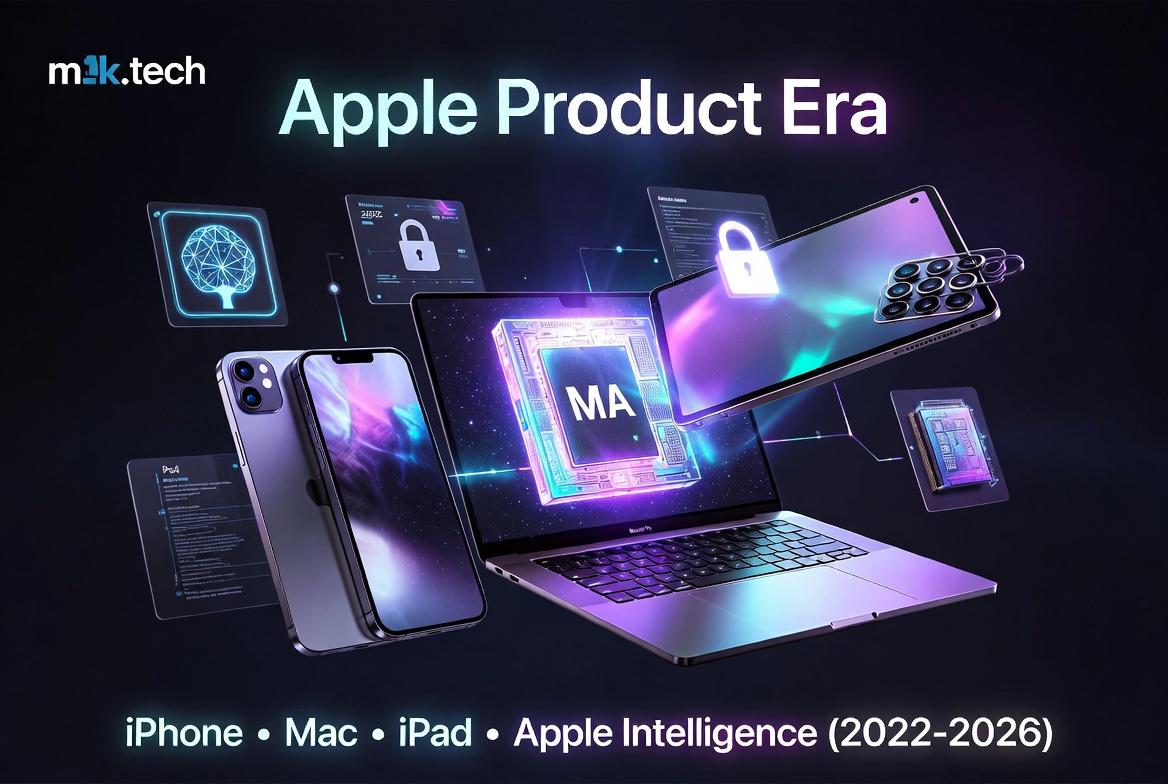 Apple Product Era: iPhone, Mac, iPad, and Apple Intelligence (2022–2026) illustrated with glowing devices and an MA chip graphic