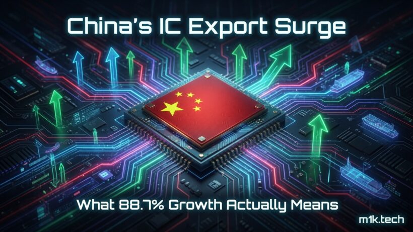 China's IC Export Surge: What 88.7% Growth Actually Means — graphic showing a Chinese-flag-branded microchip with upward arrows