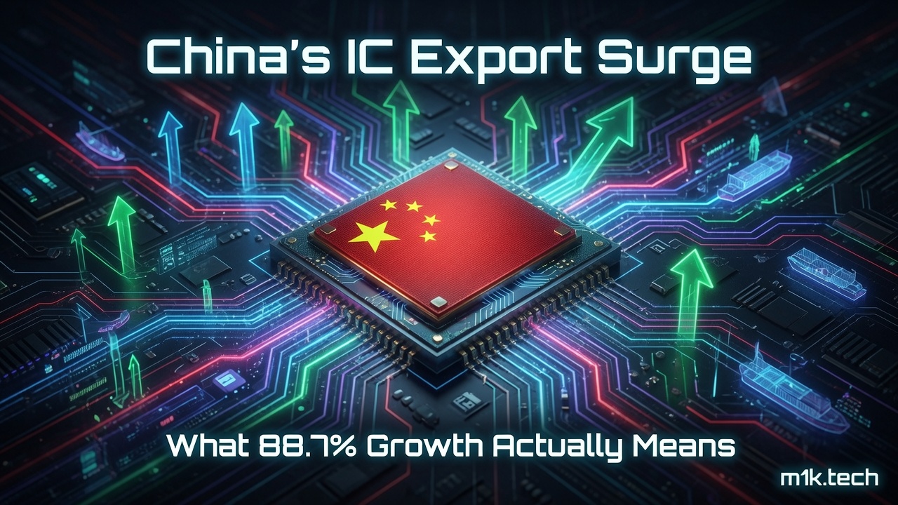 China's IC Export Surge: What 88.7% Growth Actually Means — graphic showing a Chinese-flag-branded microchip with upward arrows