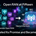 Open RAN at Fifteen: fragmented multi-vendor Open RAN icons on the left evolve via an arrow into a unified 6G node on the right, with the caption It Failed Its Promise and Became 6G