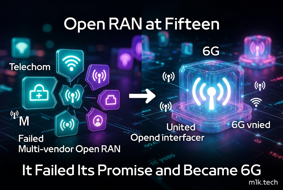 Open RAN at Fifteen: fragmented multi-vendor Open RAN icons on the left evolve via an arrow into a unified 6G node on the right, with the caption It Failed Its Promise and Became 6G