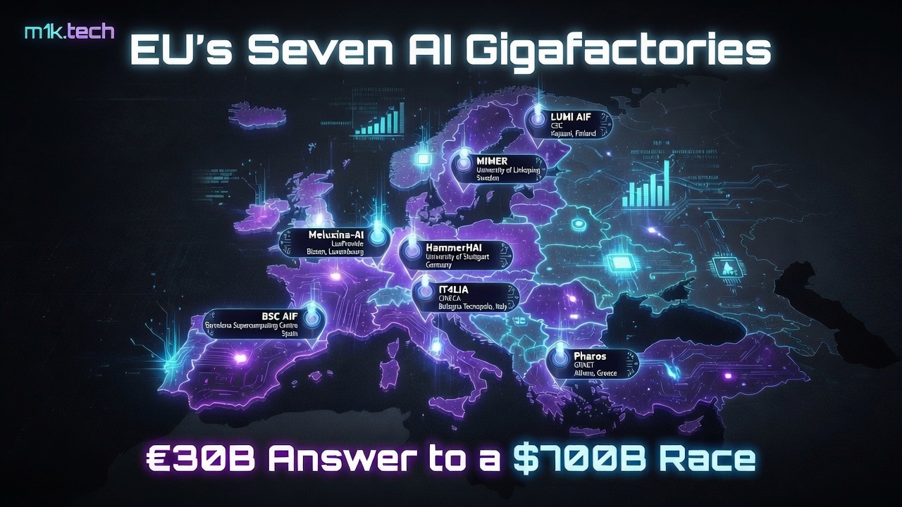Map of EU's Seven AI Gigafactories: LUMI AIF (Finland), MIMER (Sweden), HammerHAI (Germany), IT4LIA (Italy), Pharos (Greece), Melusina-AI (Luxembourg), BSC AIF (Spain). €30B Answer to a $700B Race