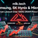 m1k.tech: Samsung, SK Hynix & Micron antitrust lawsuit over 700% DRAM price surge, illustrated with rising arrows over RAM modules