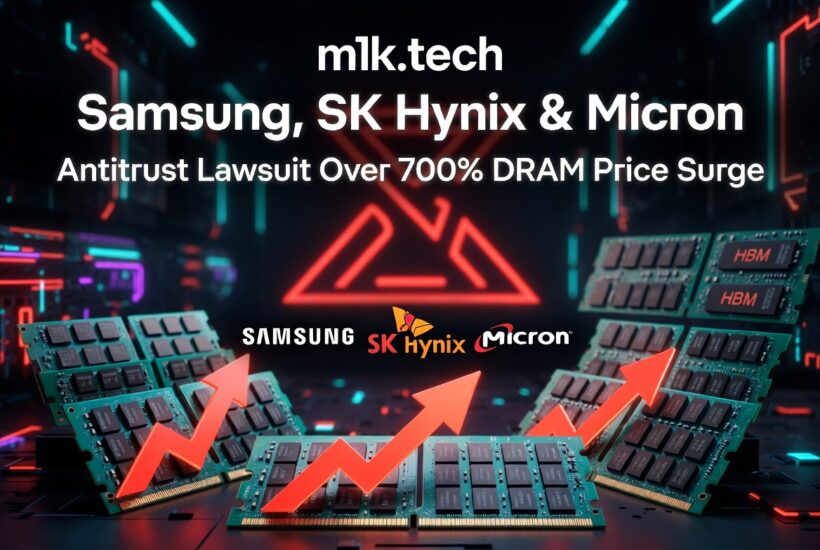 m1k.tech: Samsung, SK Hynix & Micron antitrust lawsuit over 700% DRAM price surge, illustrated with rising arrows over RAM modules