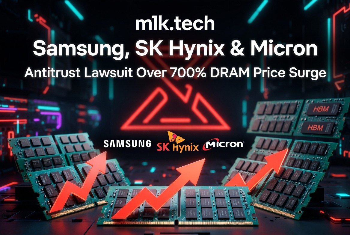 m1k.tech: Samsung, SK Hynix & Micron antitrust lawsuit over 700% DRAM price surge, illustrated with rising arrows over RAM modules