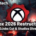 Xbox 2026 Restructure: 3,200 jobs cut and studios divested, illustrated with Xbox logo on a red gear amid a dark, chaotic scene