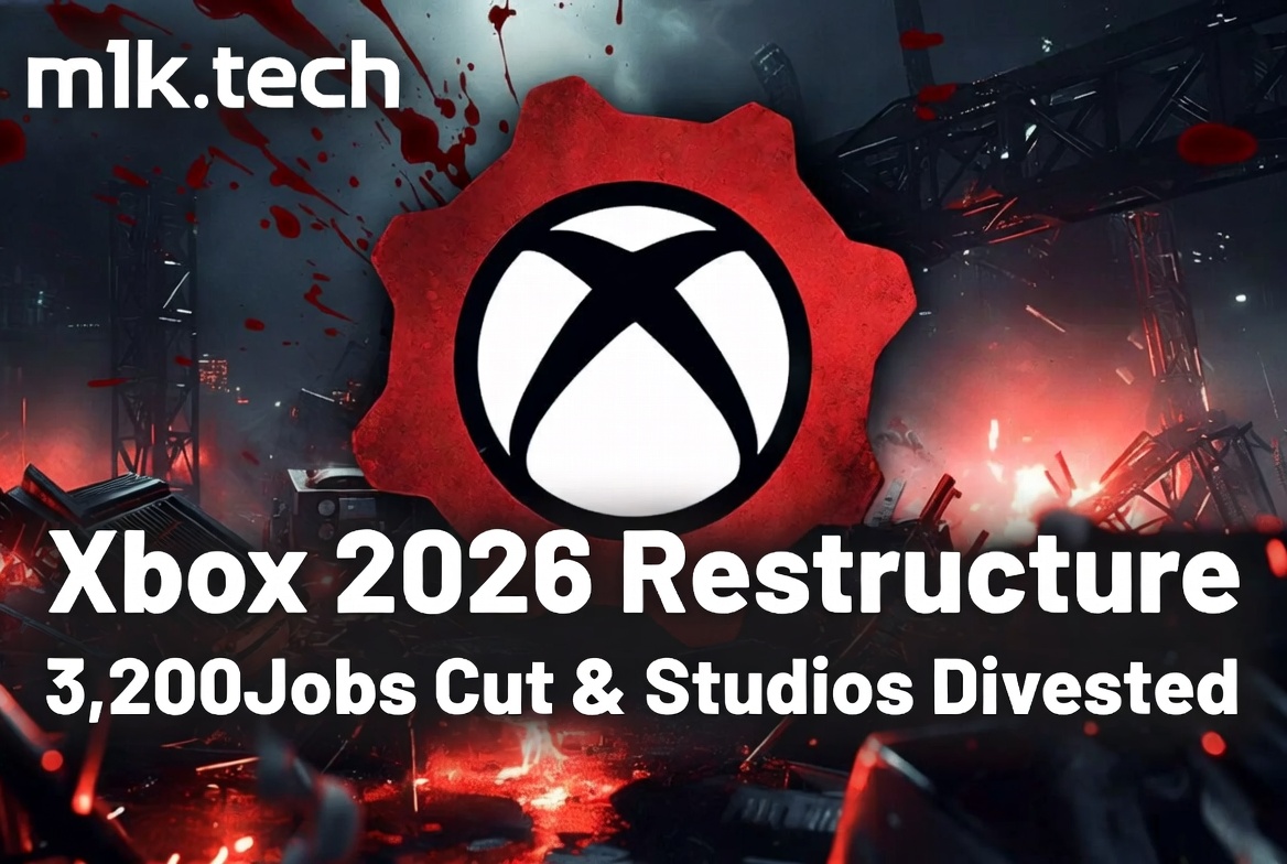 Xbox 2026 Restructure: 3,200 jobs cut and studios divested, illustrated with Xbox logo on a red gear amid a dark, chaotic scene