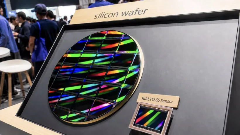 Display exhibit showing a silicon wafer alongside a small individual RIALTO 65 Sensor die cut from it, illustrating the size relationship between wafer and finished chip