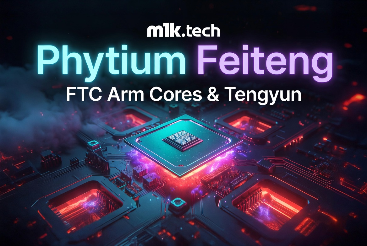 m1k.tech article cover: Phytium Feiteng FTC Arm Cores & Tengyun, with a glowing CPU on a circuit board