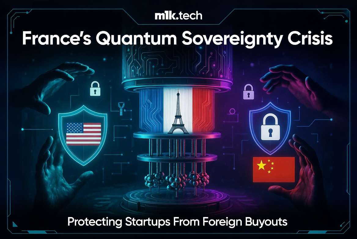 France's Quantum Sovereignty Crisis: Protecting Startups From Foreign Buyouts — mlk.tech article cover showing French, US, and Chinese flags with security shields and a quantum computer