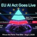 Infographic titled EU AI Act Goes Live showing a tiered pyramid: top tier covers penalties and anything; middle tiers address Basic Transparency Obligations and High-risk AI Systems (deferred to 2027/2028); base covers Standards and Conformity with Deferred Assessment. Subtitle: Minus the Parts That Bite, Aug 2, 2026