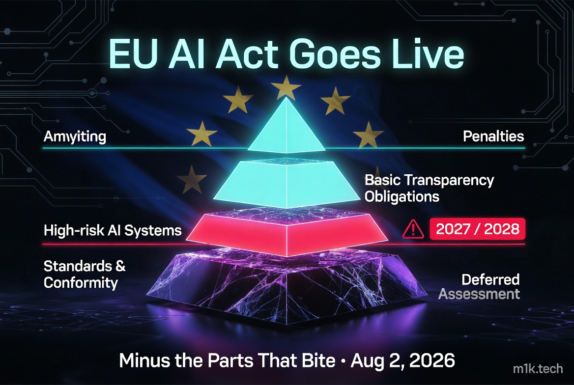 Infographic titled EU AI Act Goes Live showing a tiered pyramid: top tier covers penalties and anything; middle tiers address Basic Transparency Obligations and High-risk AI Systems (deferred to 2027/2028); base covers Standards and Conformity with Deferred Assessment. Subtitle: Minus the Parts That Bite, Aug 2, 2026