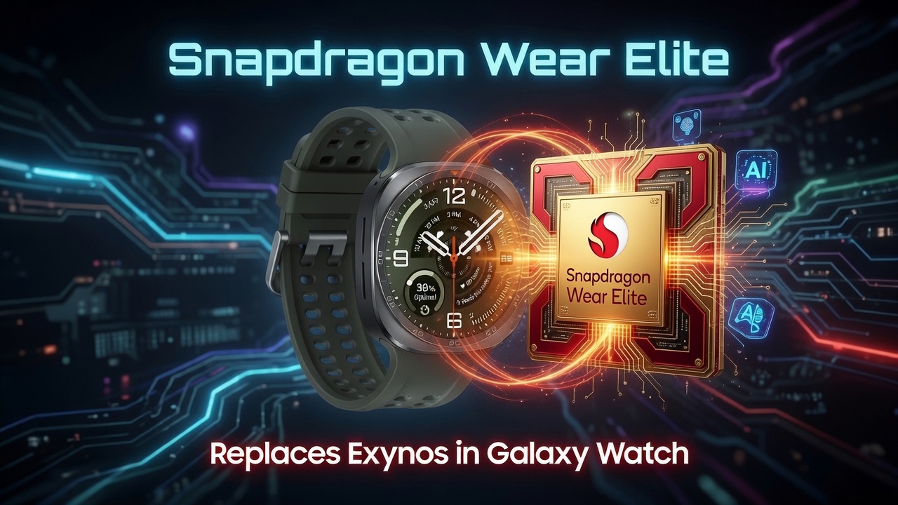 Snapdragon Wear Elite replaces Exynos in Galaxy Watch, shown alongside the Snapdragon Wear Elite chip