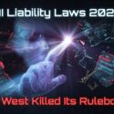 AI Liability Laws 2026: The West Killed Its Rulebooks — digital hand pointing upward amid floating documents and a scales of justice icon