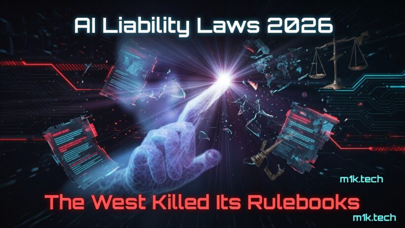 AI Liability Laws 2026: The West Killed Its Rulebooks — digital hand pointing upward amid floating documents and a scales of justice icon