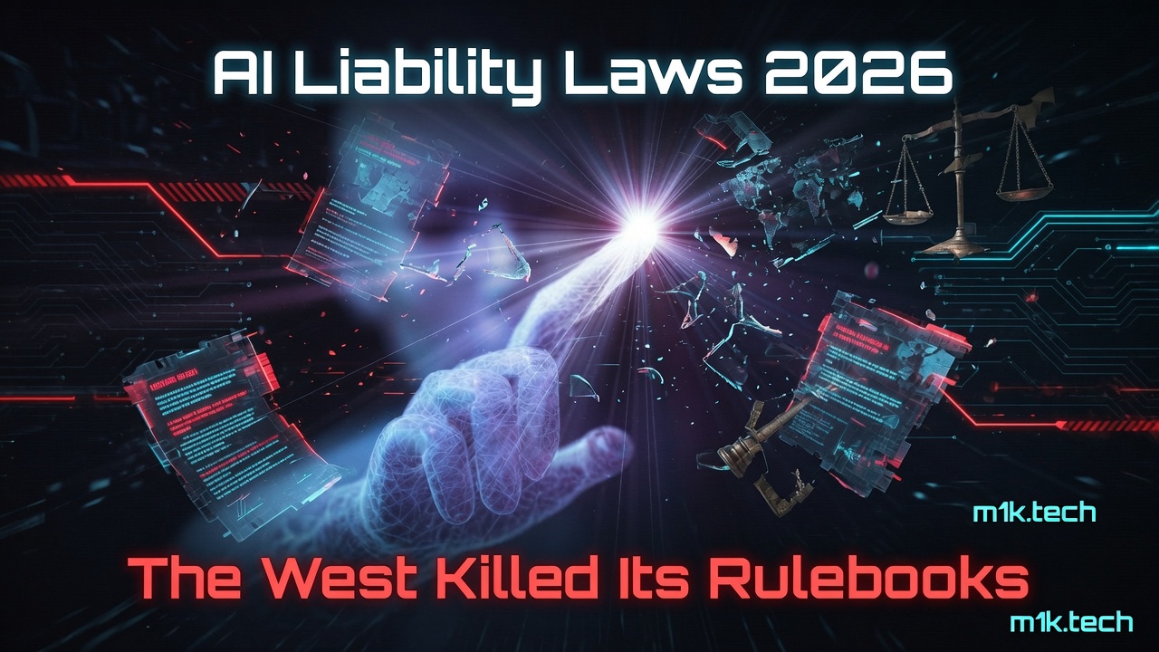 AI Liability Laws 2026: The West Killed Its Rulebooks — digital hand pointing upward amid floating documents and a scales of justice icon