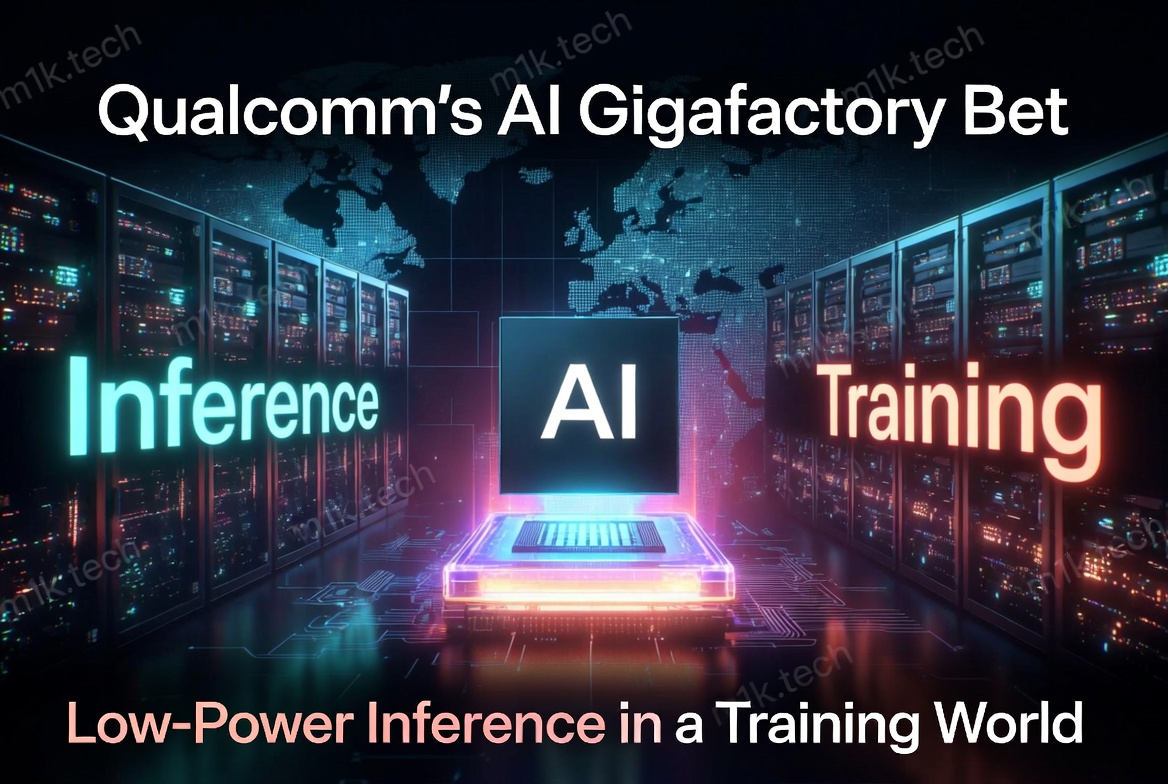Qualcomm's AI Gigafactory Bet: Low-Power Inference in a Training World — AI chip graphic with server racks