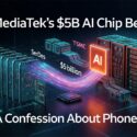 MediaTek's $5B AI Chip Bet: A Confession About Phones — diagram showing smartphones connected via SerDes and $5 billion data flow to an AI chip manufactured by TSMC, alongside server racks