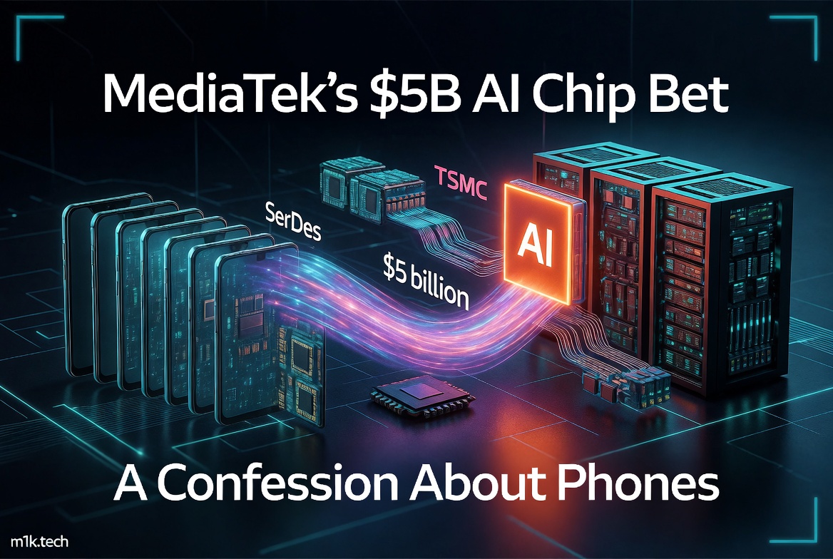 MediaTek's $5B AI Chip Bet: A Confession About Phones — diagram showing smartphones connected via SerDes and $5 billion data flow to an AI chip manufactured by TSMC, alongside server racks