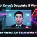 North Korea's Deepfake IT Workers — Eleven Nations Just Sounded the Alarm, illustrated with a glitching deepfake face on a video call screen