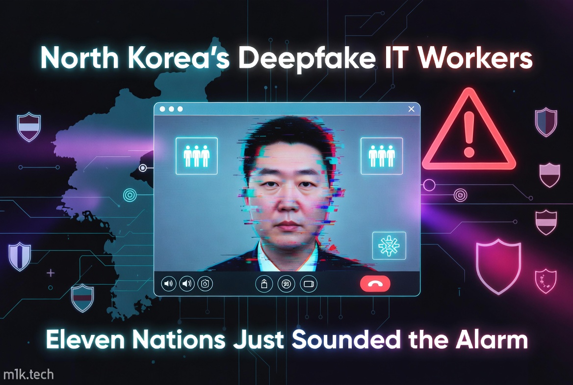 North Korea's Deepfake IT Workers — Eleven Nations Just Sounded the Alarm, illustrated with a glitching deepfake face on a video call screen