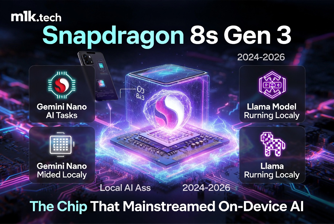 Infographic from m1k.tech: Snapdragon 8s Gen 3 (2024–2026) — The Chip That Mainstreamed On-Device AI, featuring Gemini Nano AI Tasks, Gemini Nano running locally, Llama Model running locally, and Llama running locally