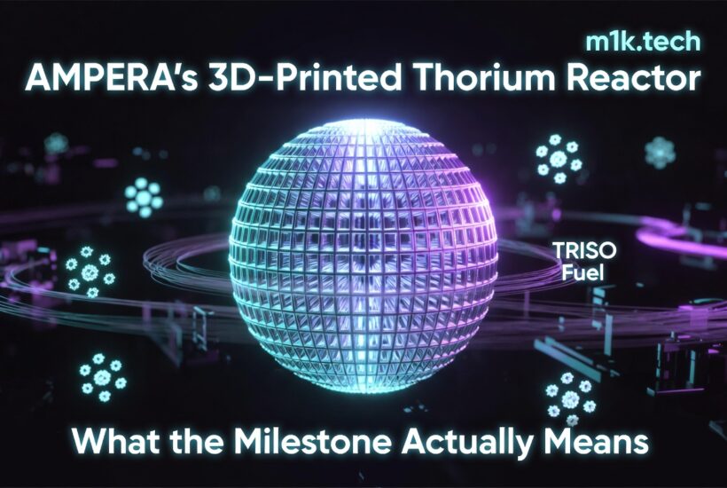 AMPERA's 3D-Printed Thorium Reactor: What the Milestone Actually Means — m1k.tech article cover featuring a glowing spherical reactor with TRISO Fuel label