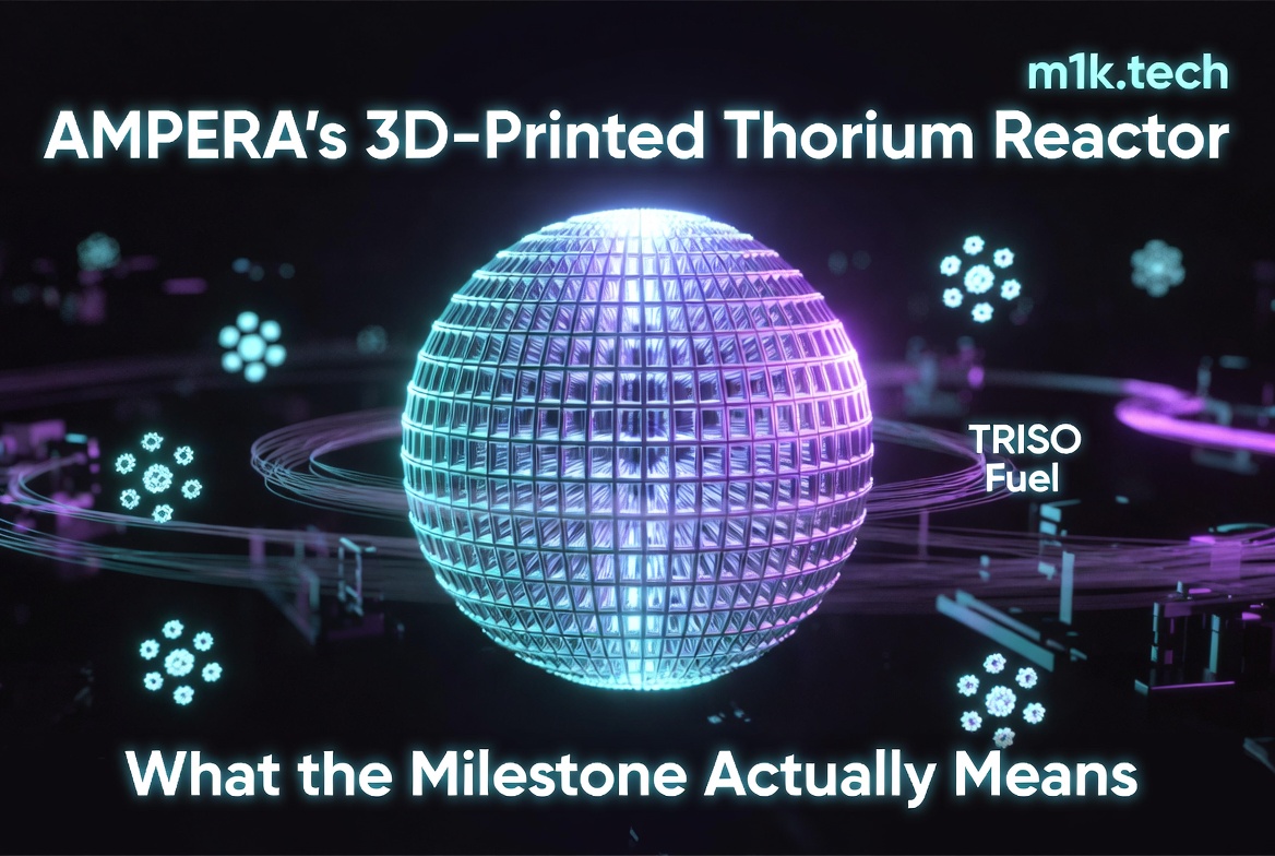 AMPERA's 3D-Printed Thorium Reactor: What the Milestone Actually Means — m1k.tech article cover featuring a glowing spherical reactor with TRISO Fuel label